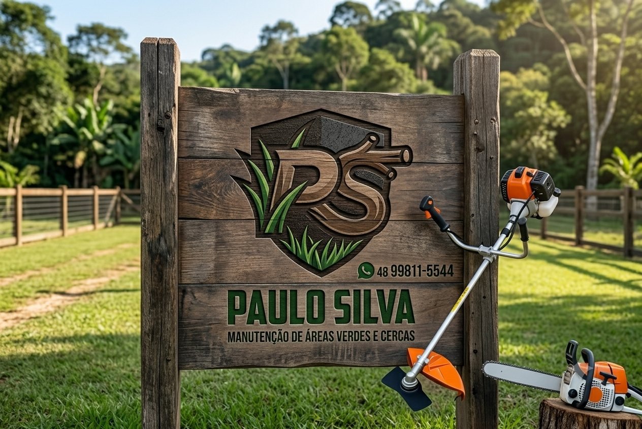 Placa do Paulo Silva, com os dizeres Manutenção de áreas verdes e cercas, em frente a um terreno roçado e cercado